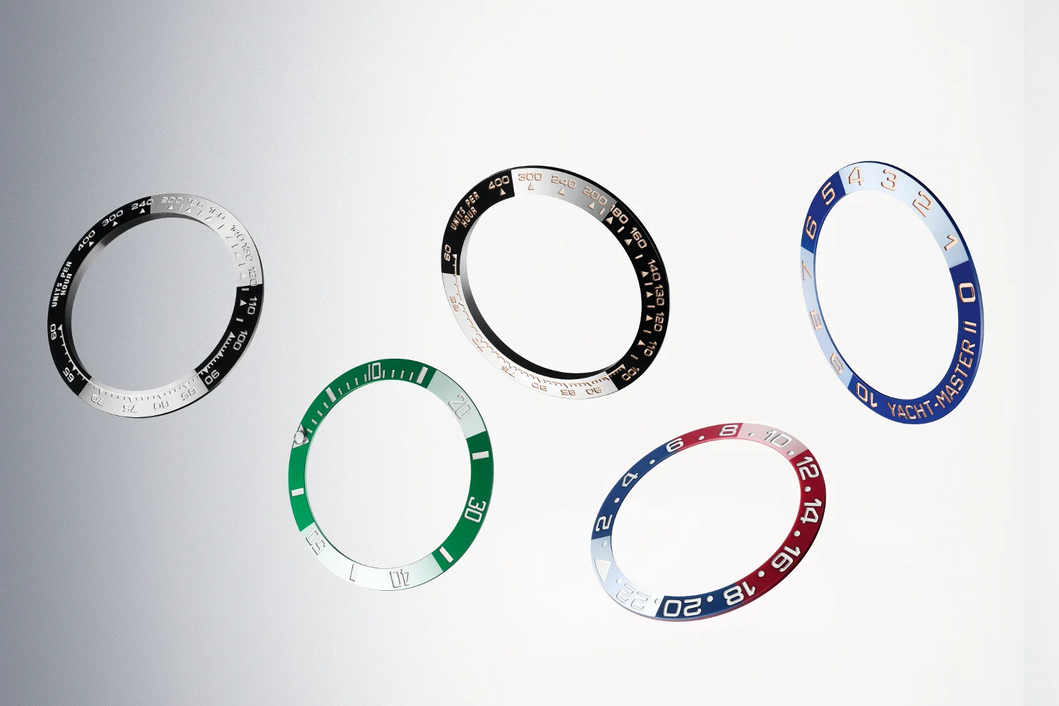The variety of colored ceramic bezels from Rolex. Photo courtesy of Rolex.