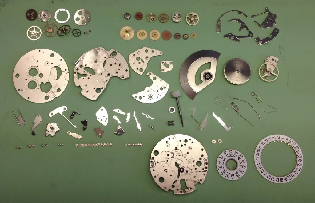 An exploded Valjoux ETA 7750.