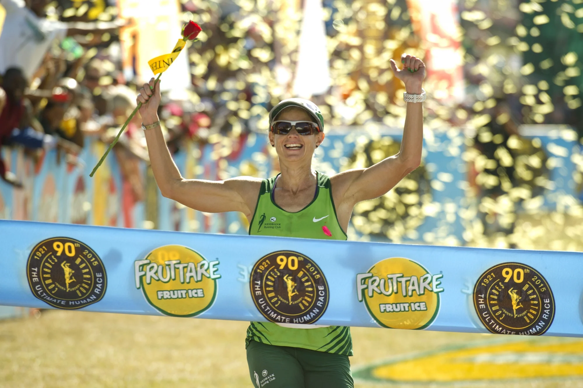 Caroline Wöstmann celebrates her 2015 Comrades Marathon victory. Her ability to manage the massive 90km race into smaller segments meant she was able to achieve small victories along the way.&nbsp;Image supplied by Haiko&nbsp;Wöstmann