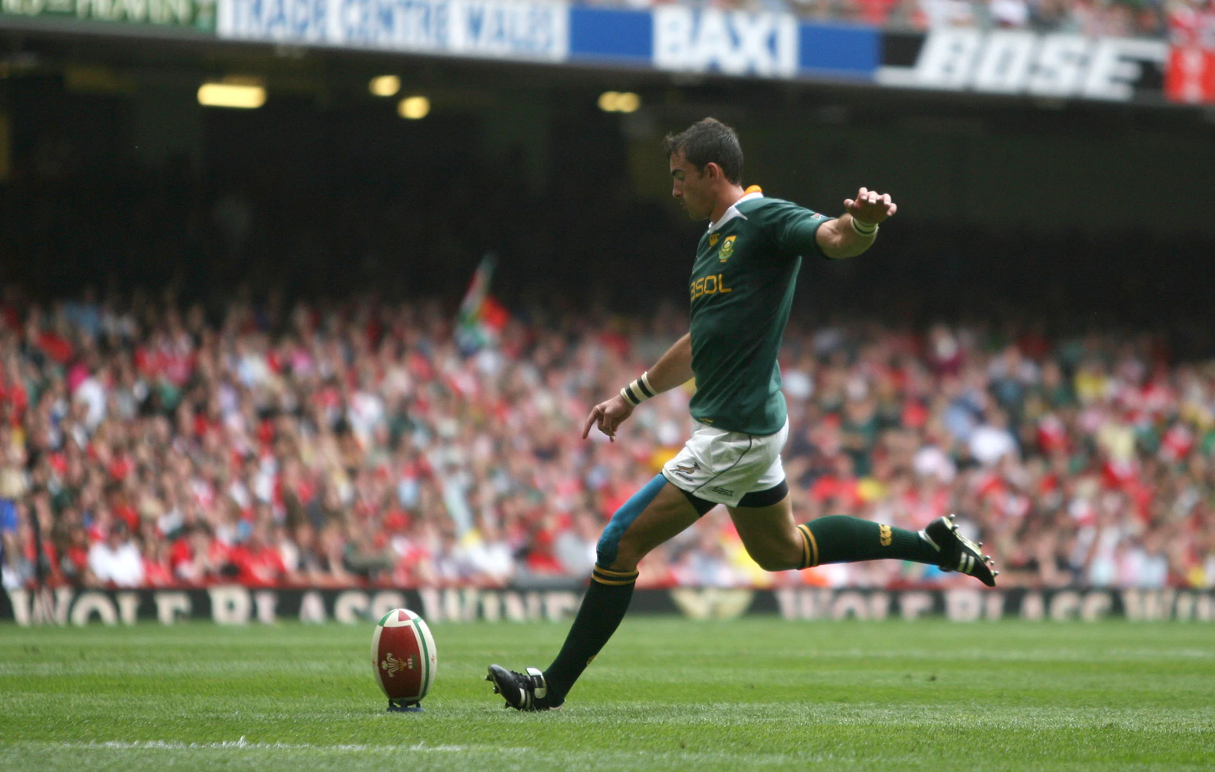 Ruan Pienaar, a product of Grey College, takes a penalty kick against Wales at the Millennium Stadium in Cardiff. Pienaar is part of a strong rugby history at Grey that includes 44 other Springboks.&nbsp;Image supplied by Action Images/ Steven Pasto…