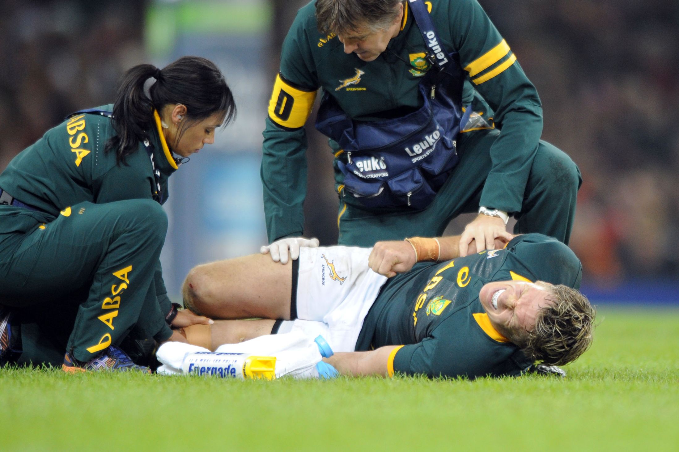 Springbok captain Jean de Villiers receives medical attention after sustaining a career threatening injury against Wales last year. Image supplied by Jean de Villiers. 