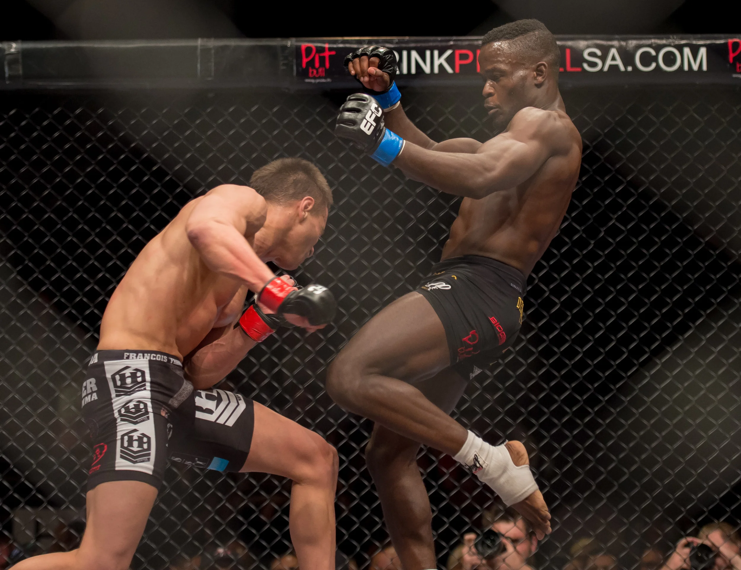 EFC Bantamweight champion Demarte "The Wolf" Pena launches a left knee against Francois Groeneweld at EFC 34 at the Big Top Arena, Carnival City, Johannesburg. Image by Anton Geyser .
