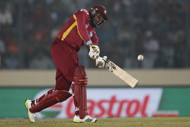 Chris Gayle in action for the West Indies. Gayle's ability to clear the ropes on a regular basis has made him one of the most destructive hitters in cricket. With that ability, one wonders what kind of baseball slugger he would make. 