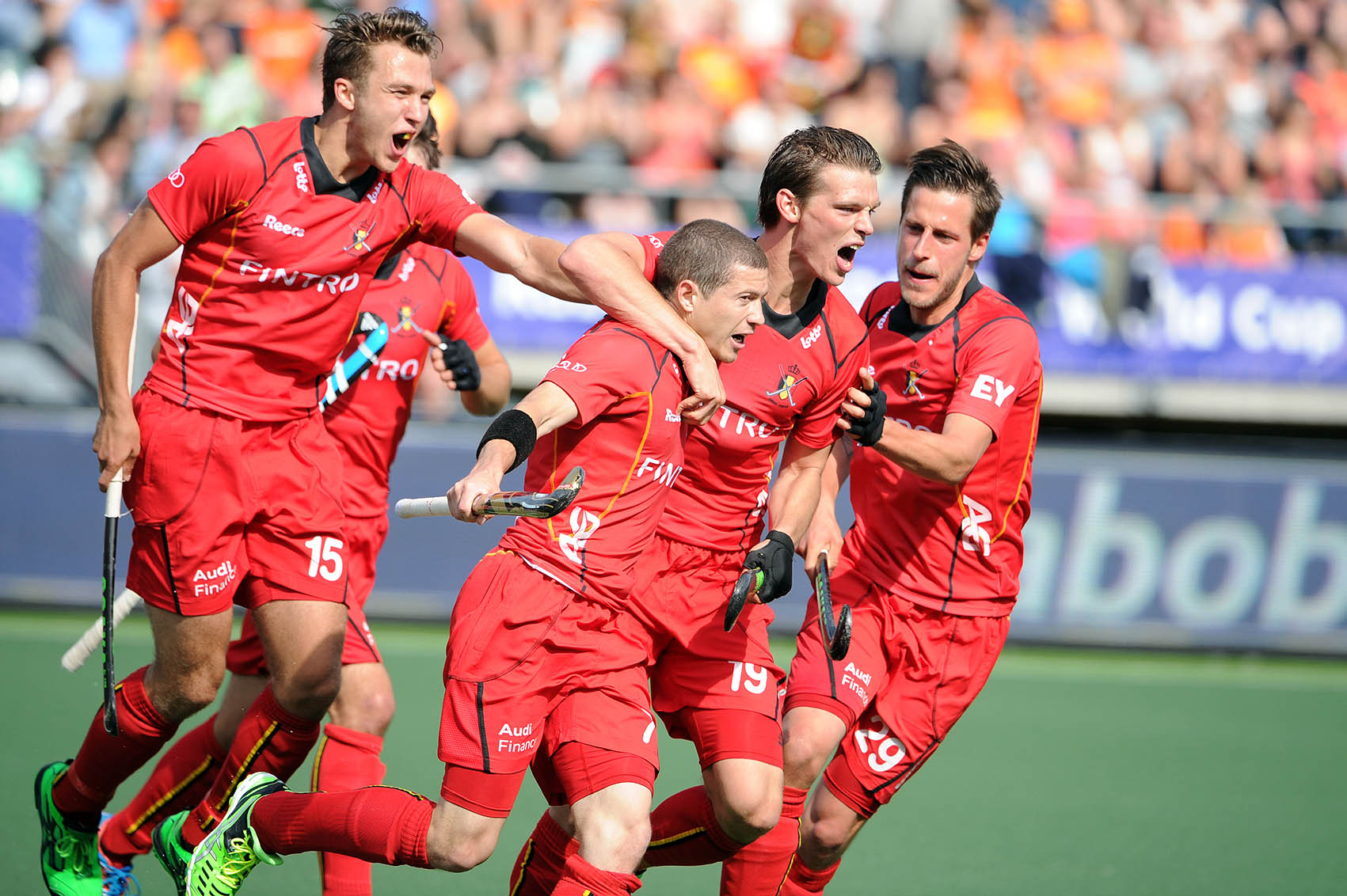 The Royal Belgian Hockey Association's men's team celebrate John John Dohmen winning goal against India in the 2014 FIH World Cup. Team unity is vital for success and Belgium's rise up the rankings is indicative of a successful programme. Image supplied by the Royal Belgium Hockey Association
