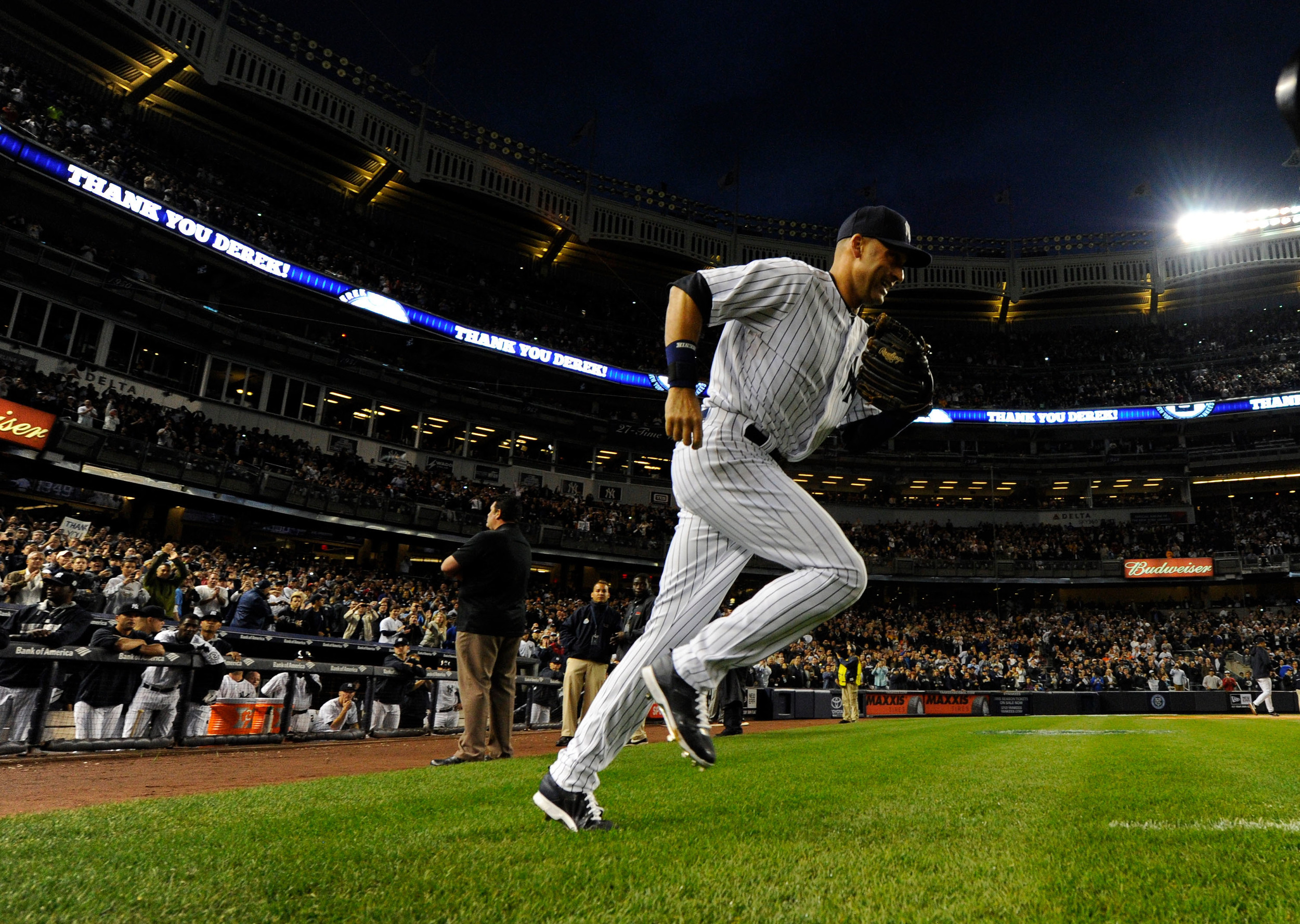 Derek Jeter runs out for the last time at Yankee Stadium against the Baltimore Orioles on Septmeber 25, 2014. The shortstop played 20 seasons for the Yankees, winning five World Series. Legends like Jeter are used to inspire current players and instil them with a sense of history and identity. Image supplied by Ac tion Images/ Rober Deutsch