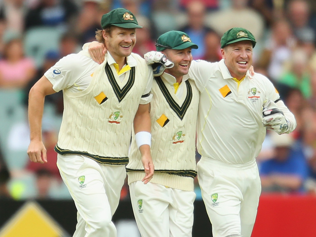 Dad's Army: Shane Watson, Michael Clarke, and Brad Haddin of Australia, celebrate a wicket during last year's triumphant Ashes series against England.