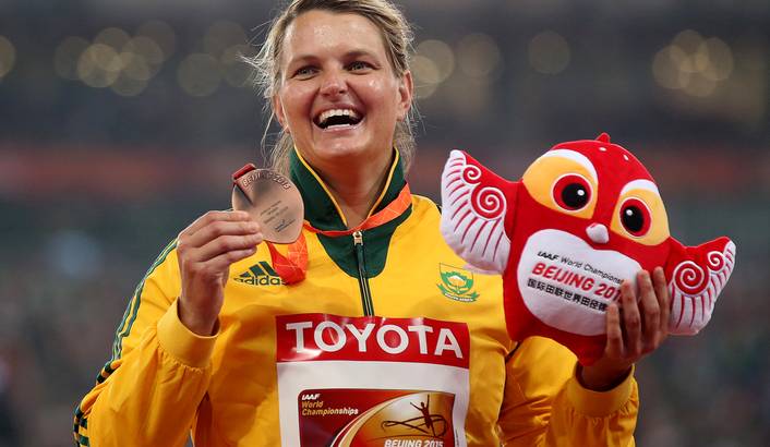 South Africa's Sunette Viljoen poses with her bronze medal on the podium of the women's Javelin Throw final during the Beijing 2015 IAAF World Championships at the National Stadium, also known as Bird's Nest, in Beijing, China, 30 August 2015. Wu Hong