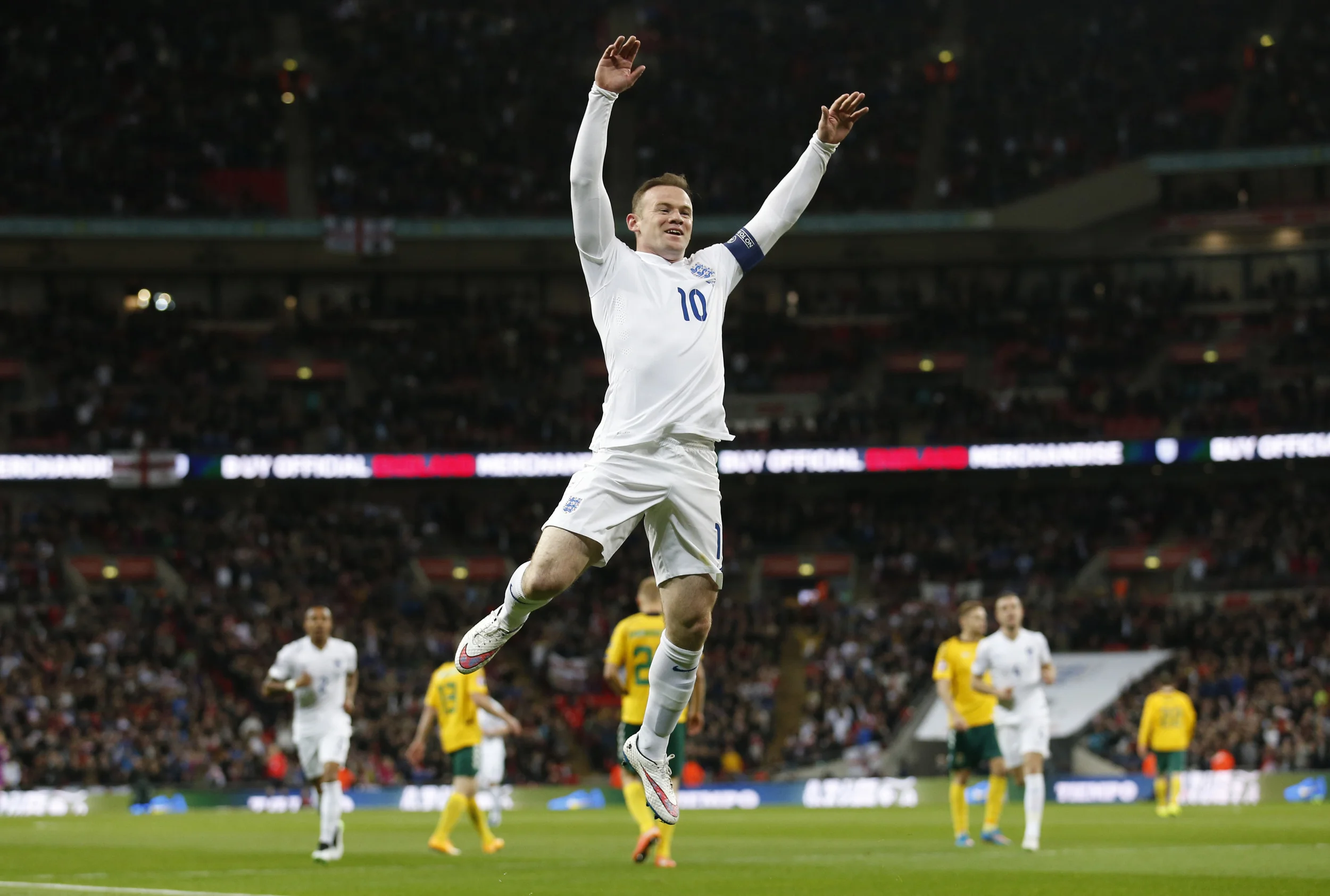 Wayne Rooney, captain of England, celebrates scoring against Lithuania in the European Championship qualifiers at Wembley Stadium. Rooney, as instrumental as he may be, is not guranteed a starring role later this year in France. Image supplied by Action Images / Carl Recine.