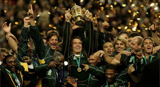 Bobby Skinstad celebrates on the immediate right of his captain John Smit (with trophy) and just above former president Thabo Mbeki as the Springboks are crowned the 2007 Rugby World Cup champions. Skinstad, although not playing a pivotal role on the field, was no doubt instrumental to his team's success.