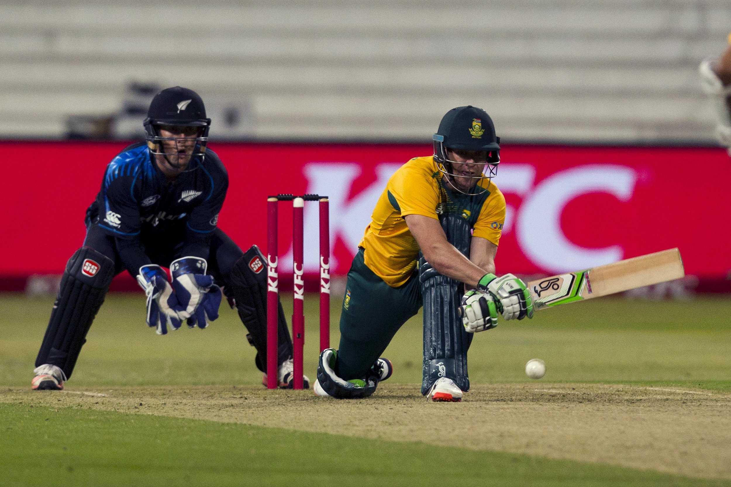 South Africa's AB de Villiers reverse sweeps against New Zealand. Image supplied by Action Images.