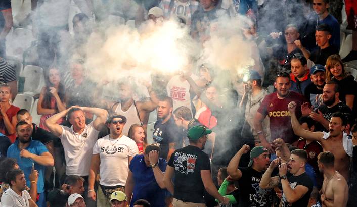 Russian fans light flares during the UEFA EURO 2016 group B preliminary round match between England and Russia at Stade Velodrome in Marseilles, France, 11 June 2016. The match ended 1-1. EPA/Ali Haider.
