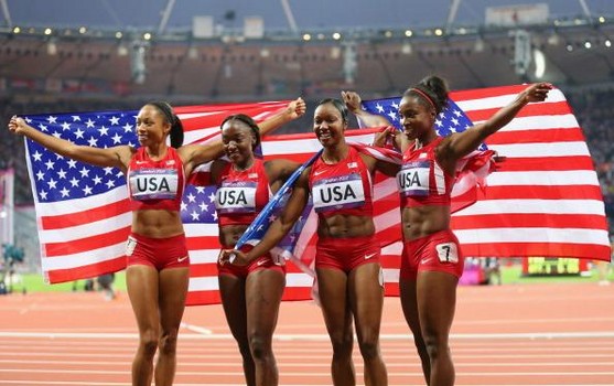 Allyson Felix, Bianca Knight, Carmelita Jeter and Tianna Madison secured gold in London four years ago in record time (40.82 seconds) in the 4x100m relay. 