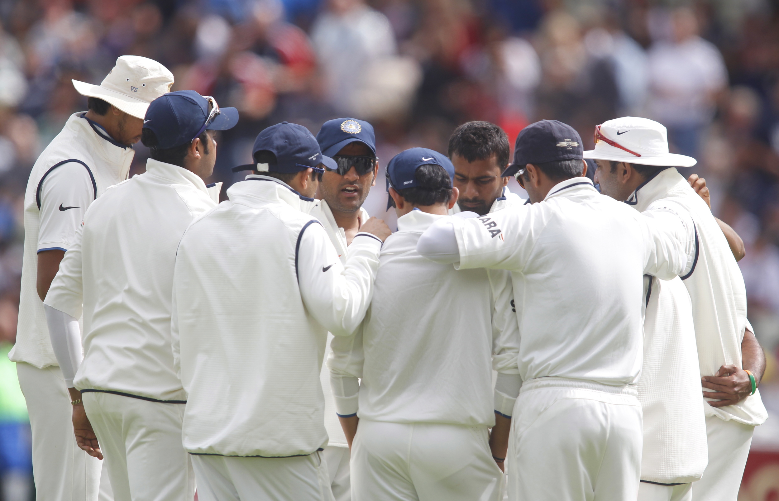 The Indian Test team gather in a huddle during a match against England at Edgbaston. Paddy Upton, during his time as Gary Kirsten's assistant coach, helped instil a unified philosophy within the Indian team. Image supplied by Action Images / Andrew Boyers