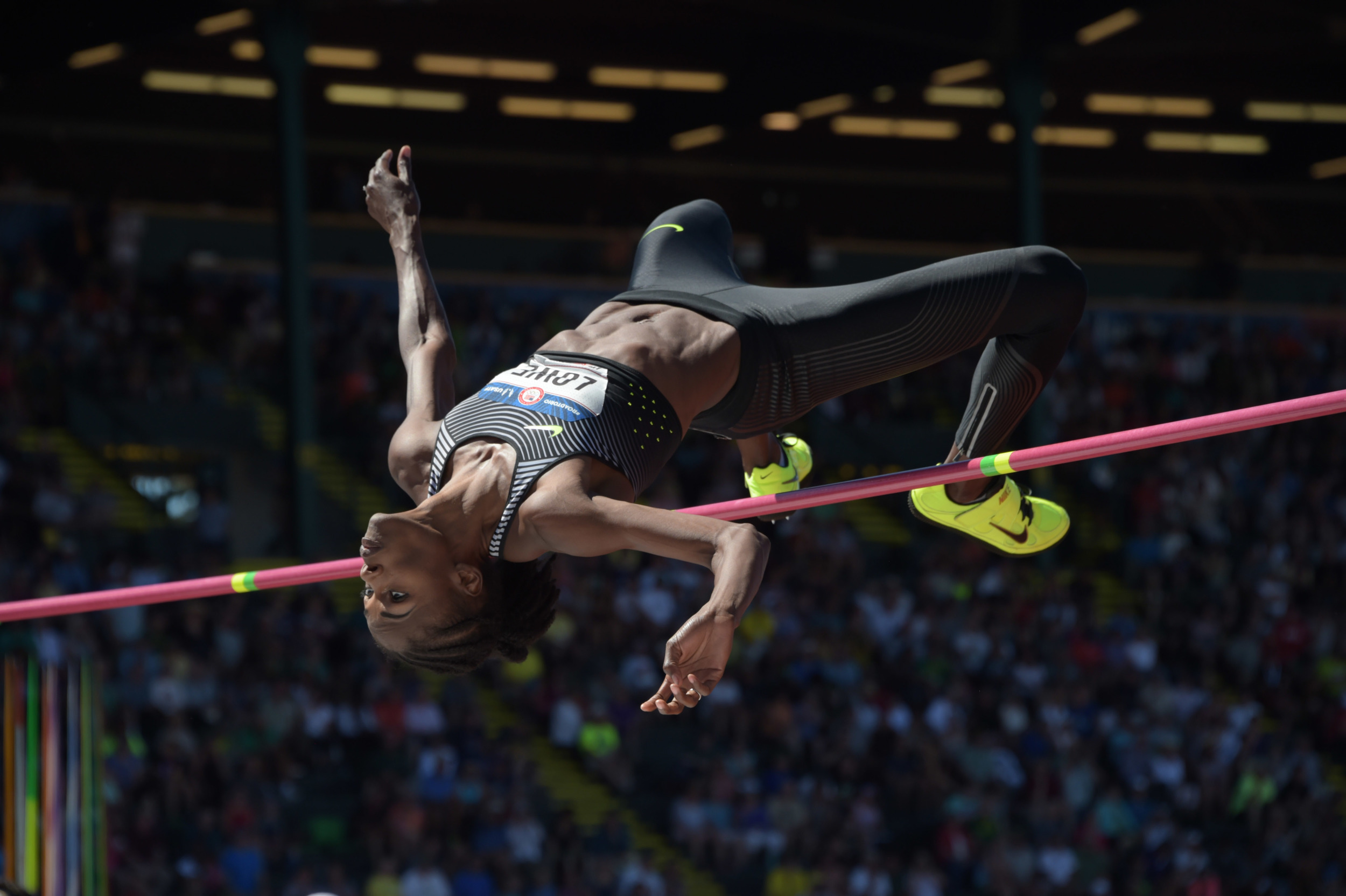 Chaunte Lowe demonstartes the Fosbury Flop high jump technique. Now the standard methos employed by all high jumpers, this method was once considered the greatest piece of innovation in world sport. Image supplied by Action Images / Kirby Lee.