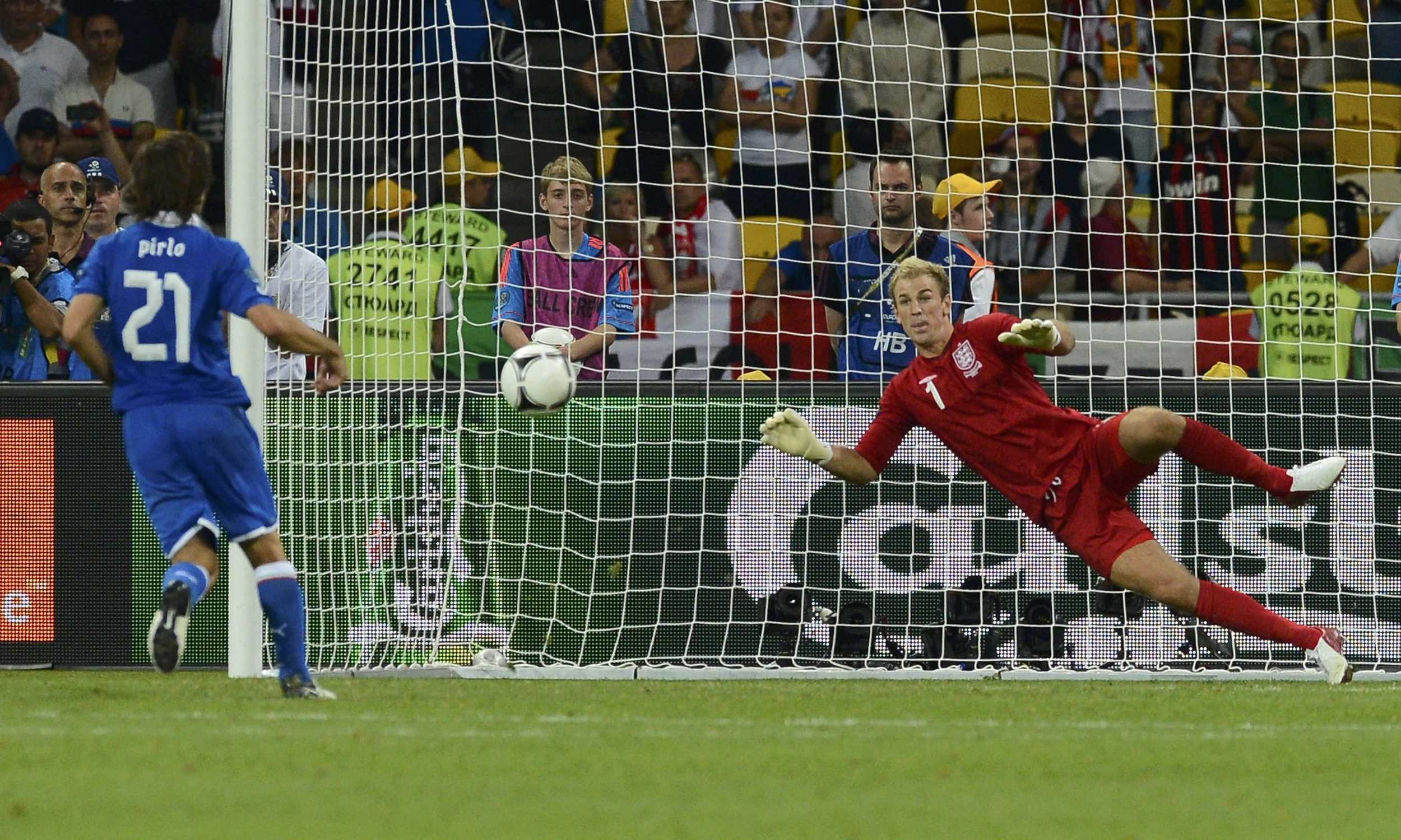 Italy's Andrea Pirlo scores a Panenka penalty past England's goalkeeper Joe Hart during the penalty shoot-out of their Euro 2012 quarter-final match at the Olympic Stadium in Kiev. Image supplied by Action Images / Nigel Roddis.