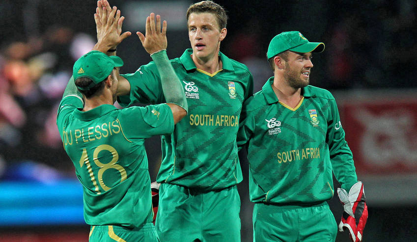South African bowler Morne Morkel (C) celebrates with teammates after taking the wicket of Indian batsman Gautam Gambhir during the Super Eight stage match of the World Twenty20 tournament between South Africa and India at Colombo, Sri Lanka, 02 October 2012. Image supplied / Harish Tuagi.
