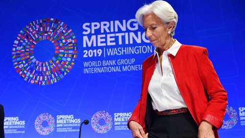 In this file photo taken on April 11, 2019 International Monetary Fund (IMF) Managing Director Christine Lagarde arrives to speak during a press conference during the IMF – World Bank Spring Meetings at IMF Headquarters in Washington, DC.