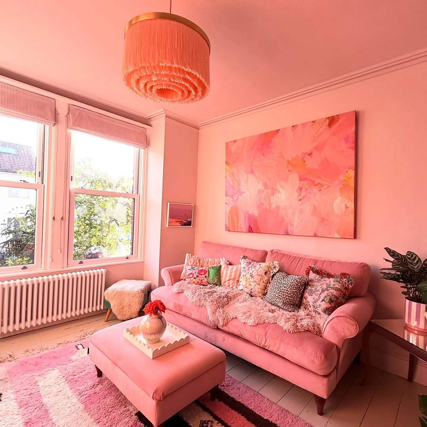 It was a real tonic going away but im really happy coming home to my fluffy pink marshmallow of a home ! It always looks so cosy in the morning light . Pink is a really calming colour to live with and I colour drenched this room so it really is very 