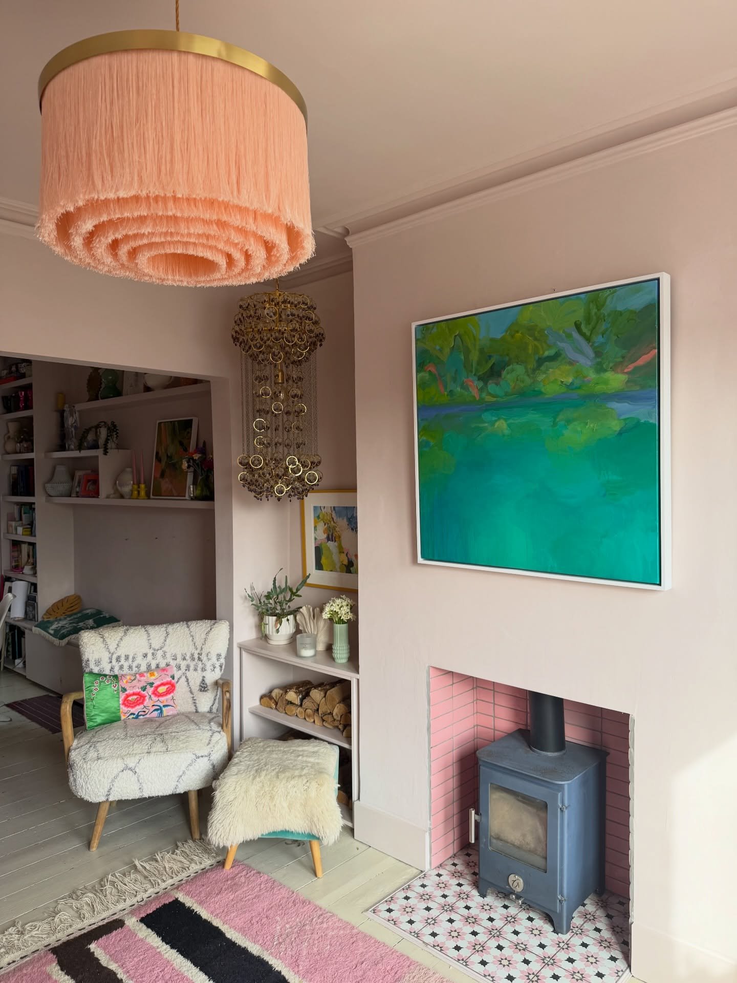 JUNGLE POOL 
&bull;
Swipe across to see the development 💚
&bull;
The first finished painting of my new body of work which was framed this week so I just had to try it out at home ! I will have 2 brand new paintings that will be part of the Spring Sh