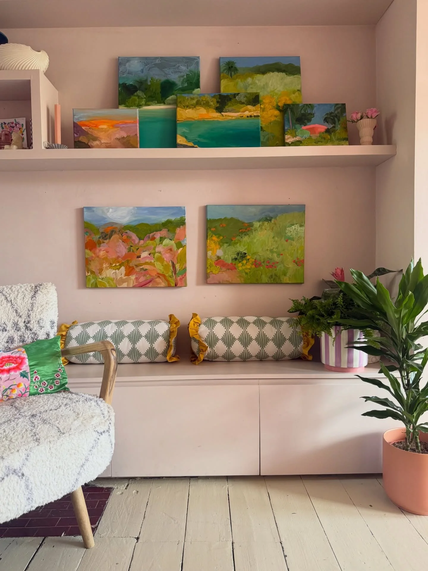 I&rsquo;ve been trying to visualise how my New Collection of paintings will look at my OPEN HOUSE so I had to actually bring some home and try them out ! I really love the atmosphere they&rsquo;re creating and I cannot wait to see them all framed up 