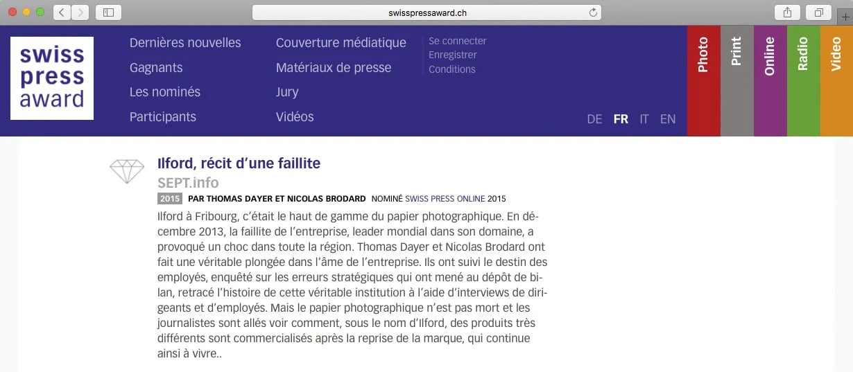 Capture écran nomination Swiss Press Online Award 2015