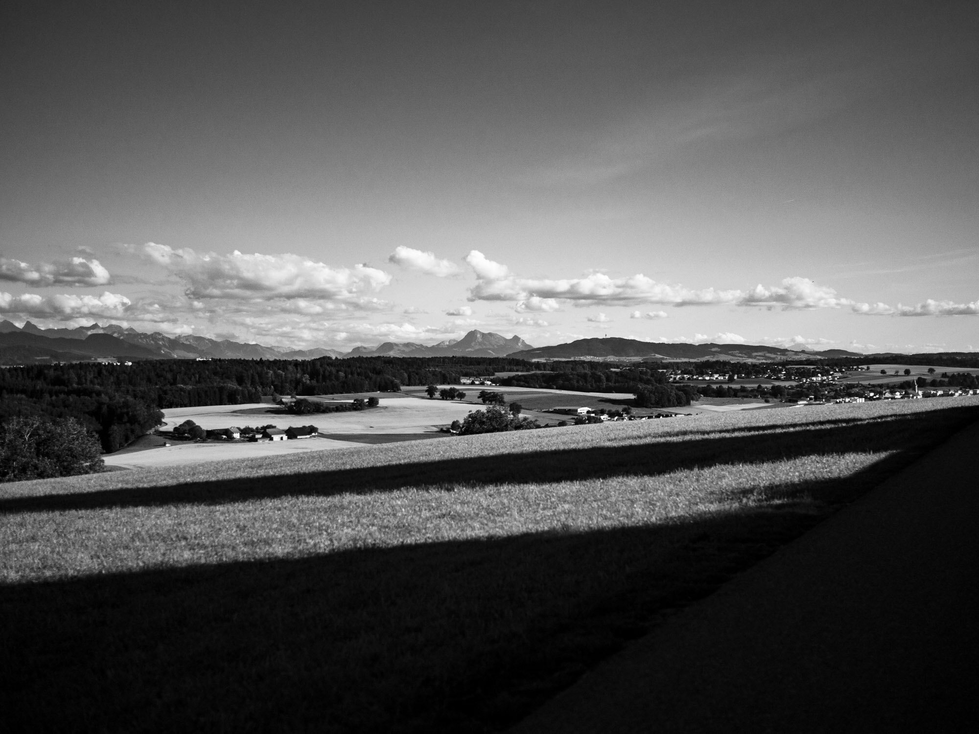 Le pays de Fribourg avec le Gibloux et le Moléson vu de la colline du Hobel au dessus de Pensier et Courtepin
