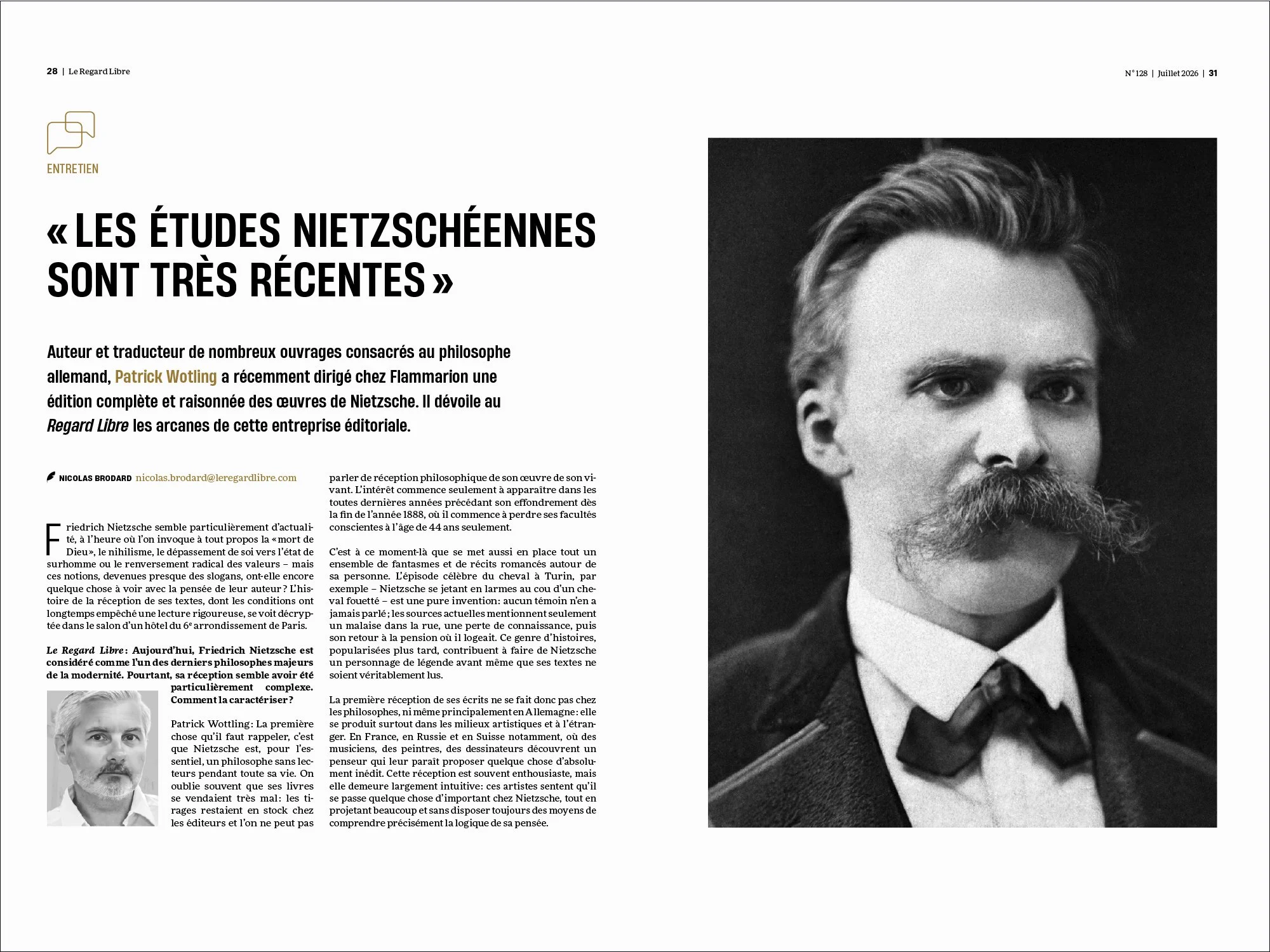 reproduction d'une double page de l'entretien entre Patrick Wotling et Nicolas Brodard avec une photo de Nietzsche