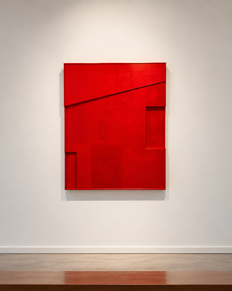  Red (Barn) Relief (for Ida and Catherine) , 2026. Ink and graphite under enamel on wood. 43 × 35 × 2.5 inches. 