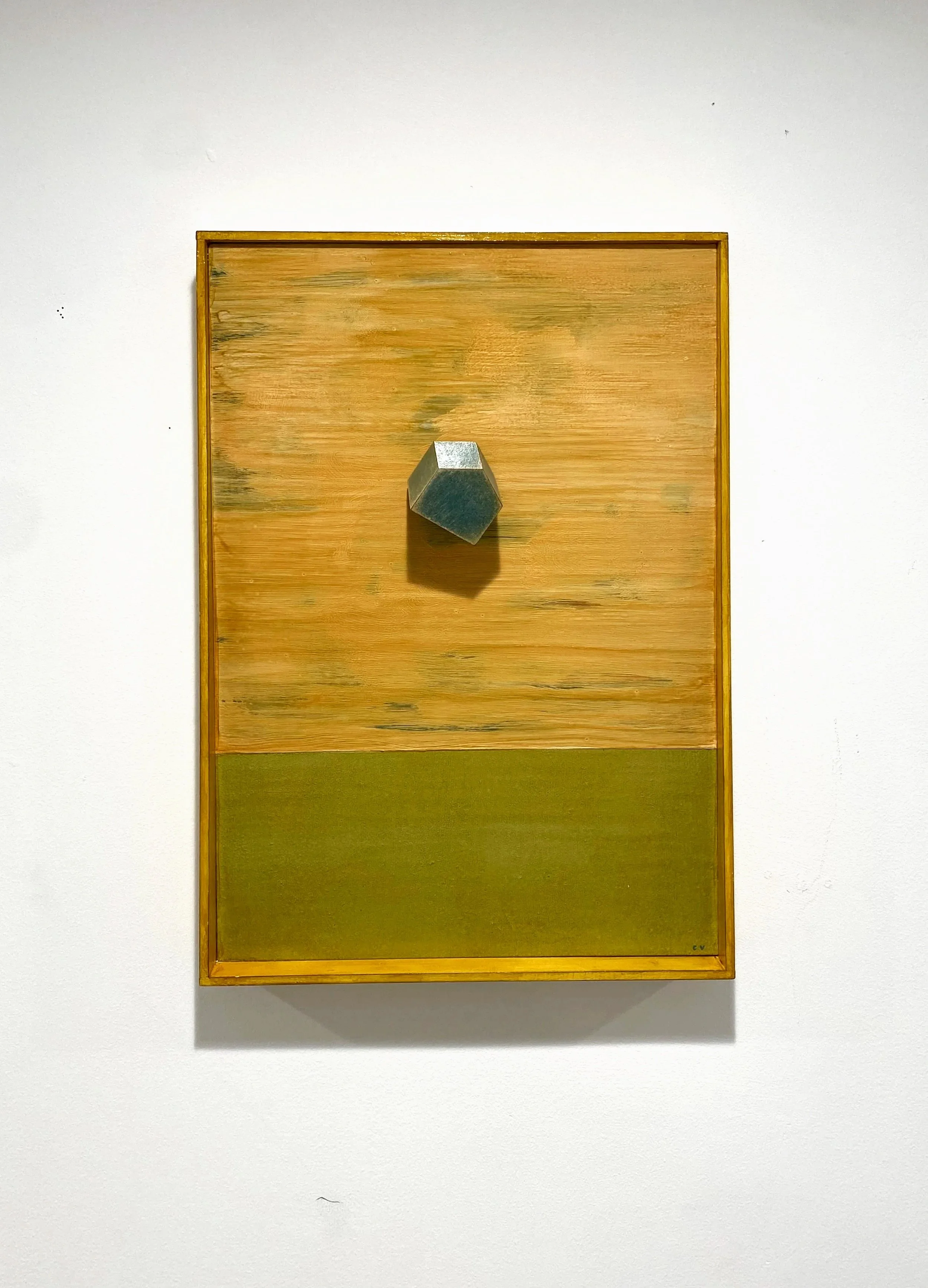 Home Above , 2025. Enamel and shellac on wood panel. 12 × 19.5 × 2 inches. One of five sculptural reliefs in varying seasonal colors, Home Above depicts a solitary house floating above a pastoral landscape. Its deliberately kitsch imagery evokes