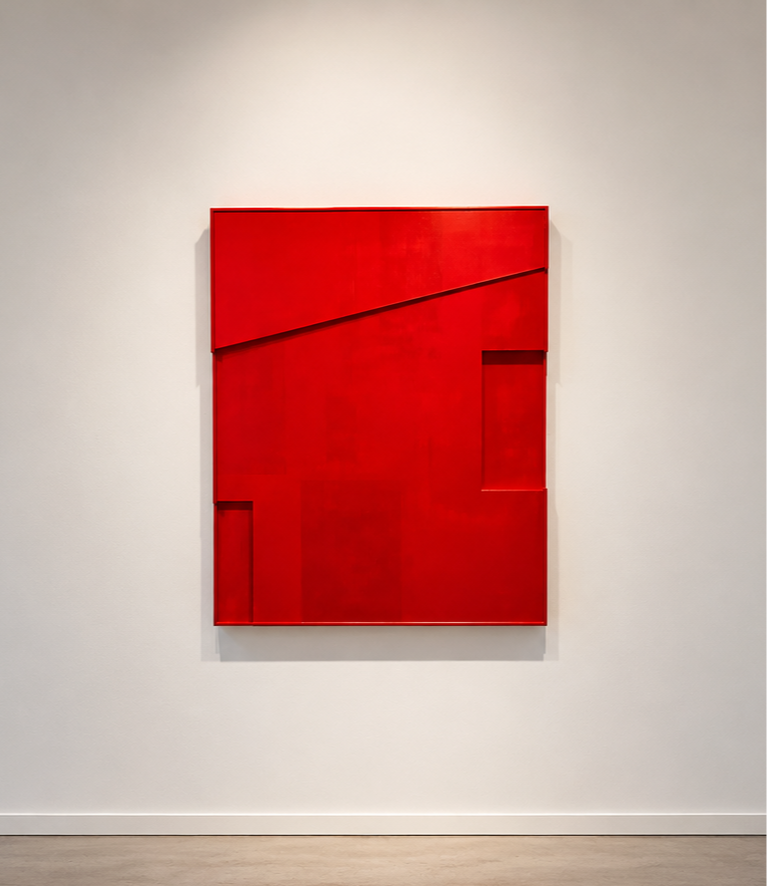Red Relief (for Ida and Catherine) , 2026. Ink and graphite under enamel on wood. 43 × 35 × 2.5 inches.