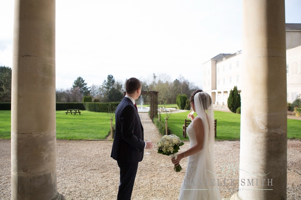 bride and groom outside Down Hall Country House