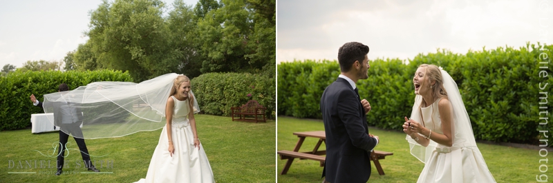 bride and groom being silly at old brook barn wedding