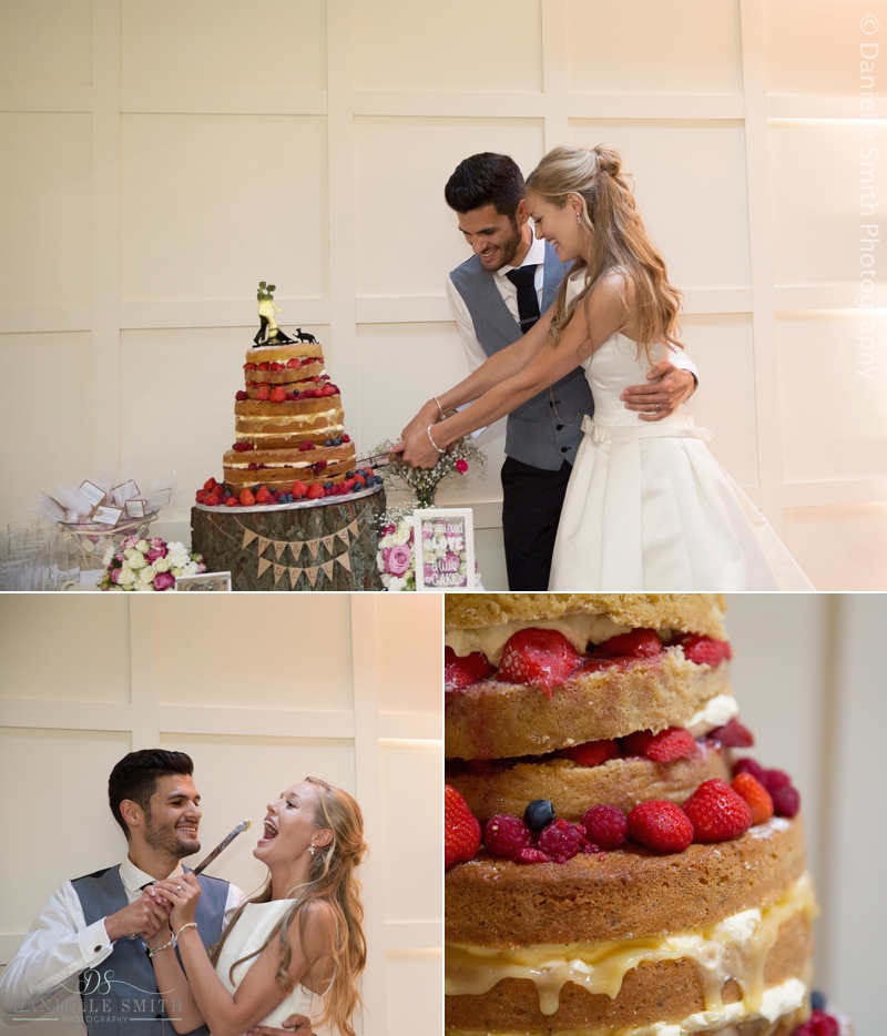 bride and groom cutting naked cake