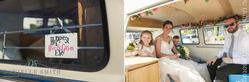 bride and groom and kids in vw camper
