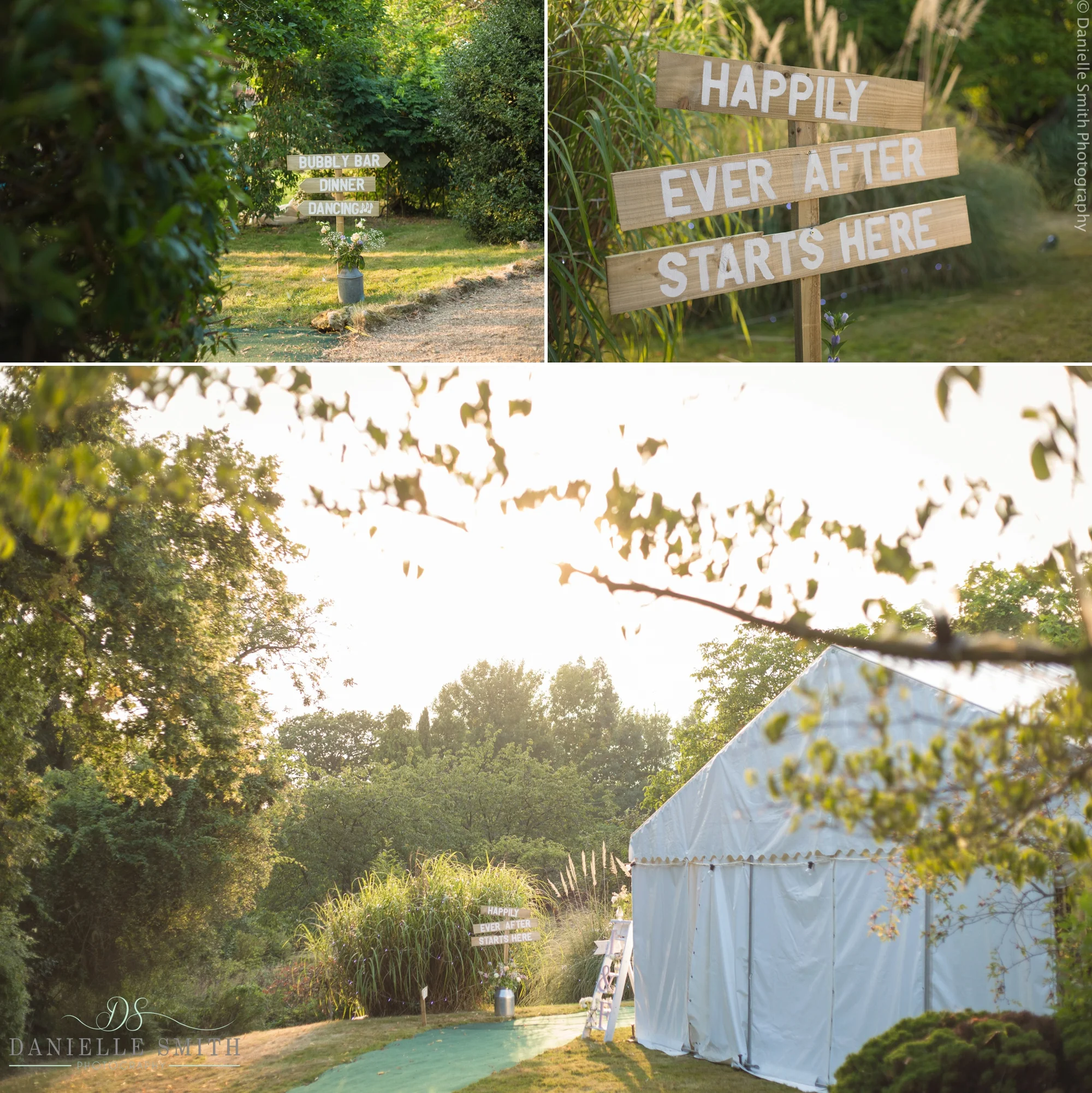 sunset over marquee at garden wedding