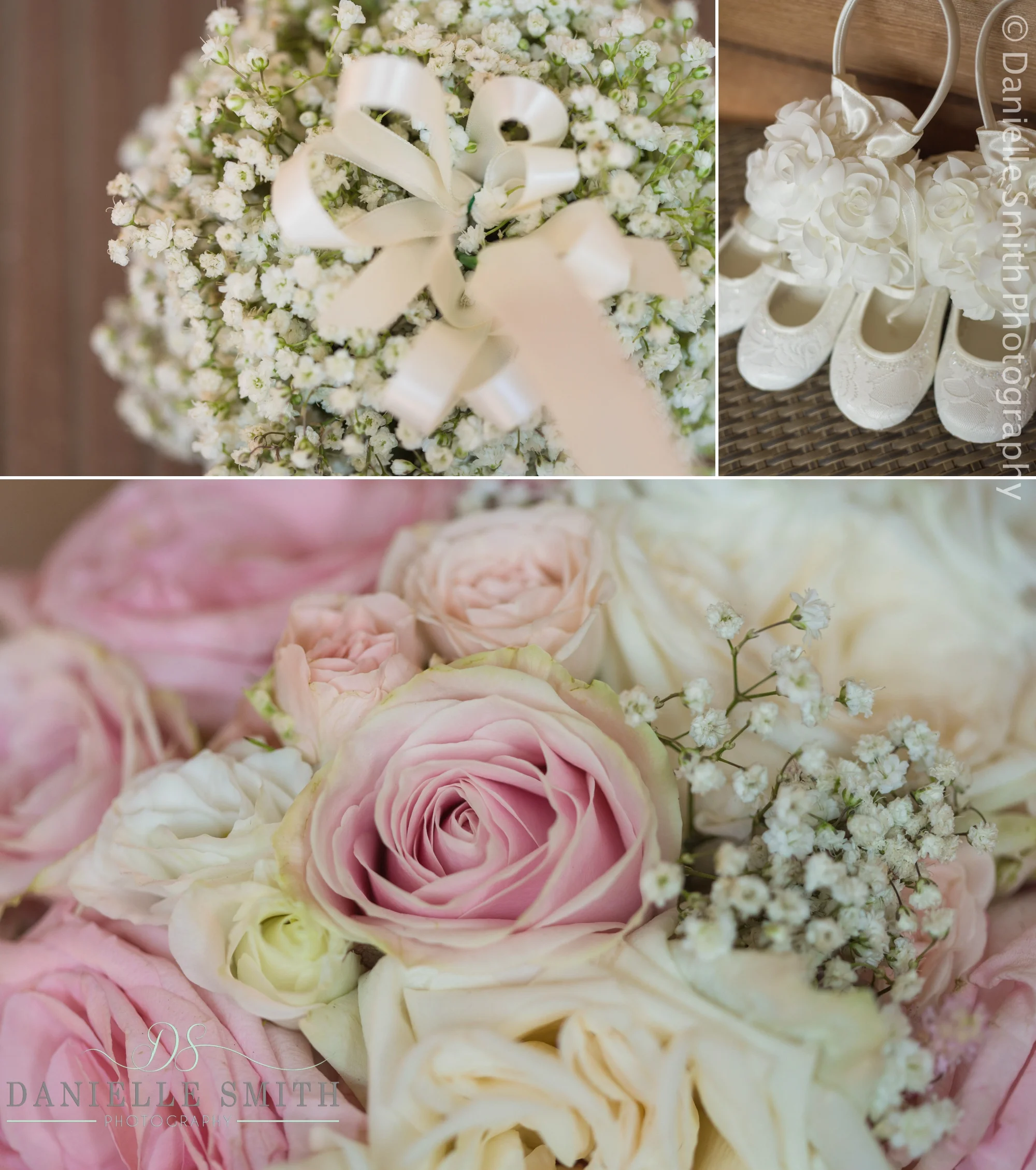 pink and ivory bouquet and flower girl shoes and flowers