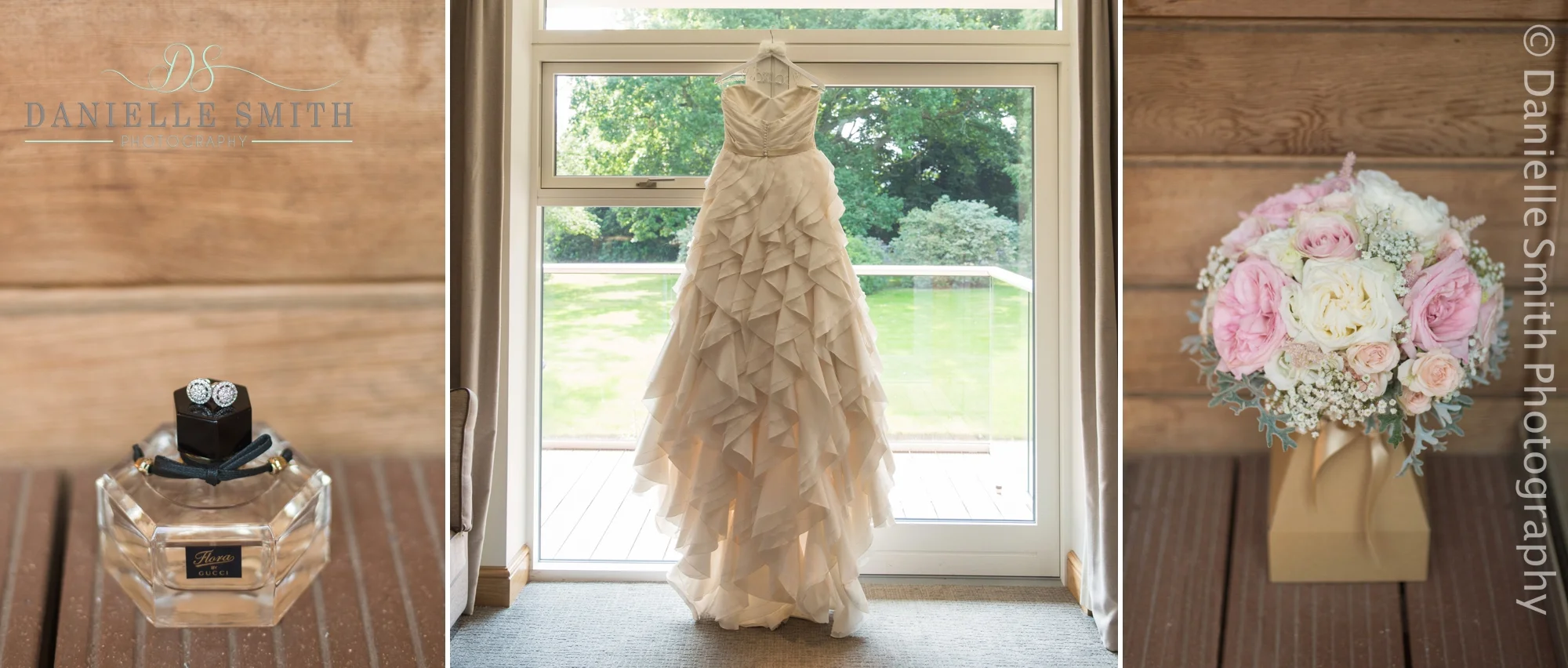 ruffled wedding dress and pink and ivory flowers
