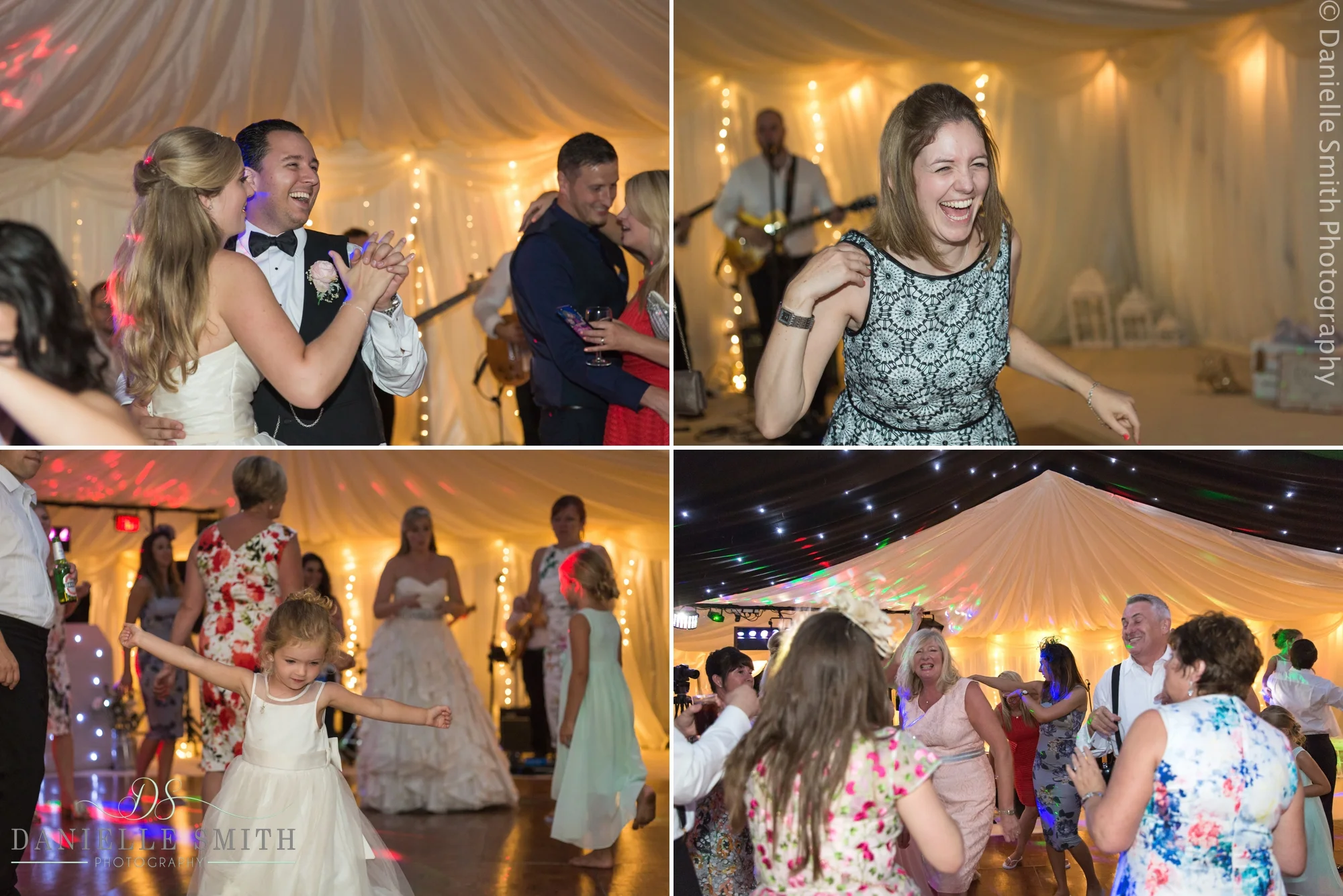 wedding guests dancing at reception