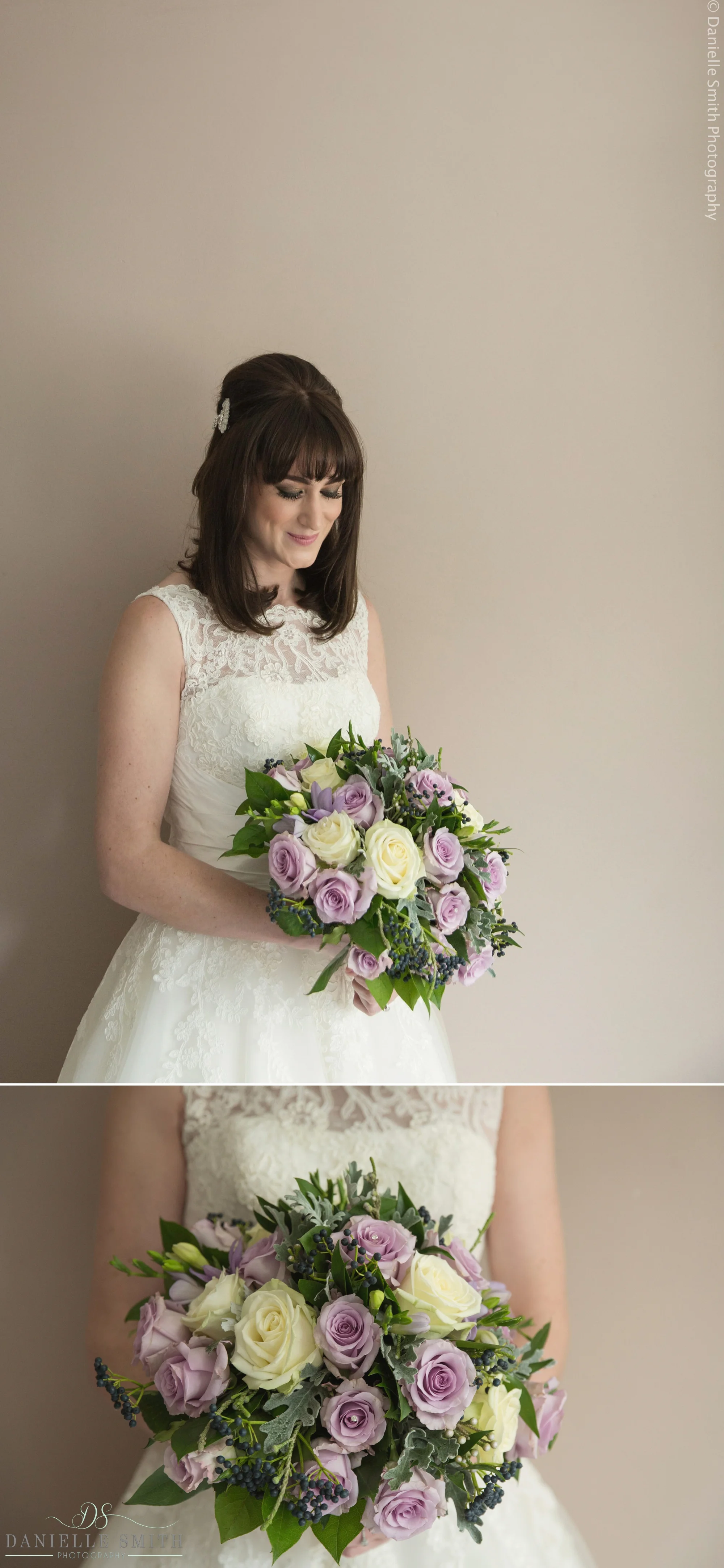 bride with ivory and violet rose bouquet - 1920s style wedding
