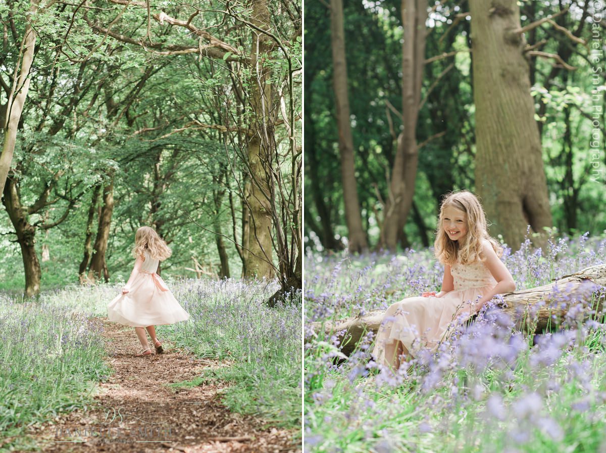 little girl in bluebell woods family photography session