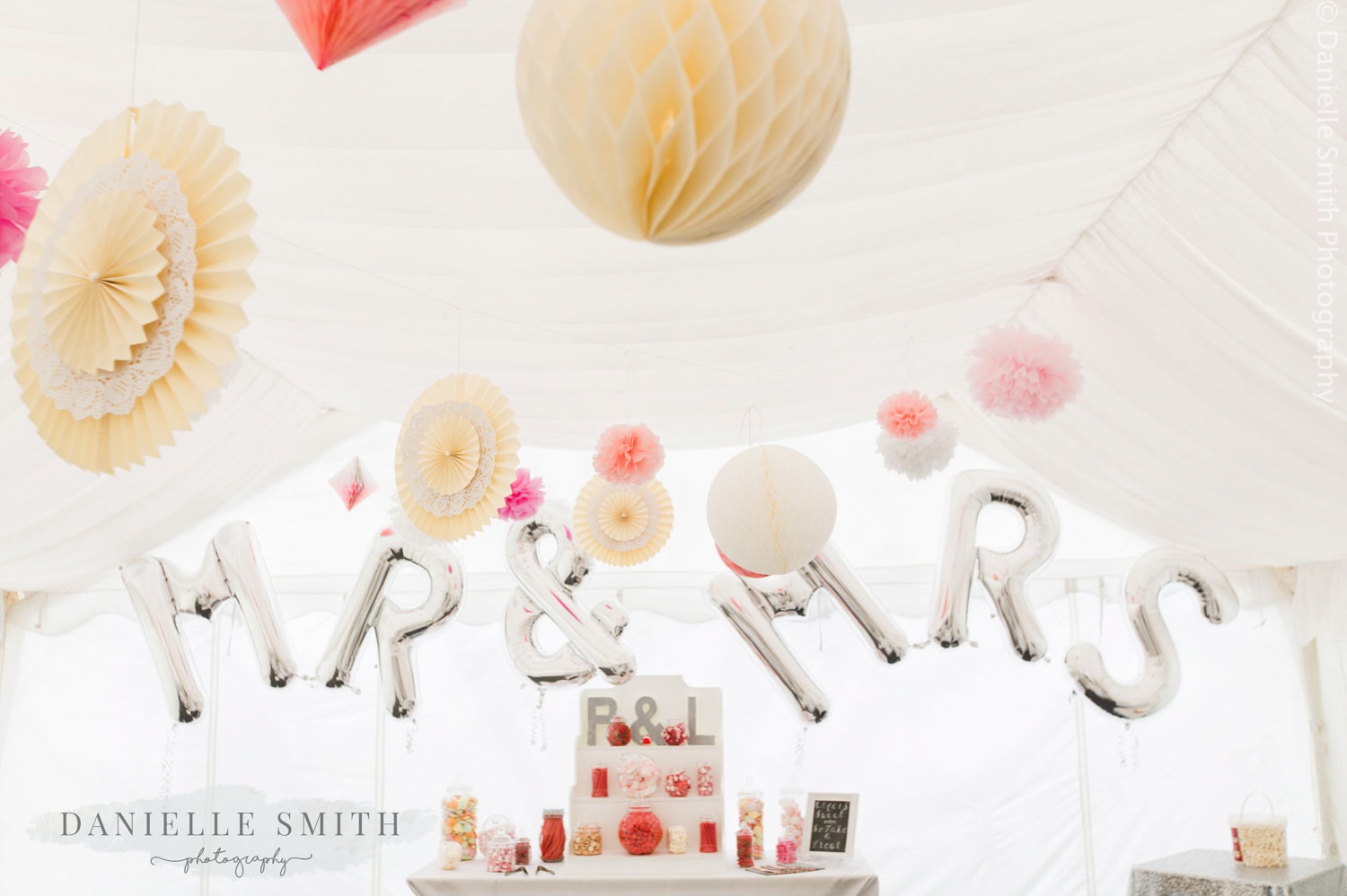 mr & mrs balloons at wedding - informal wedding at home