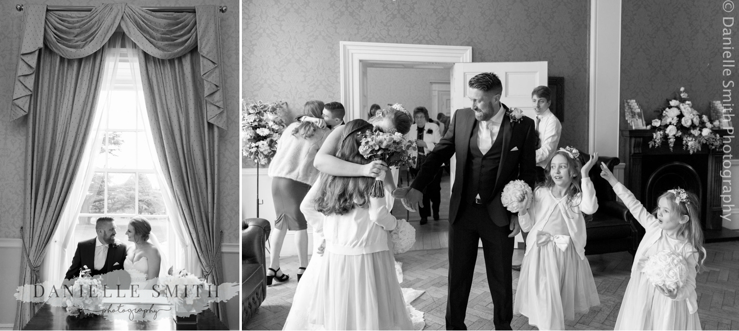 bride and groom and three family just after ceremony at langtons