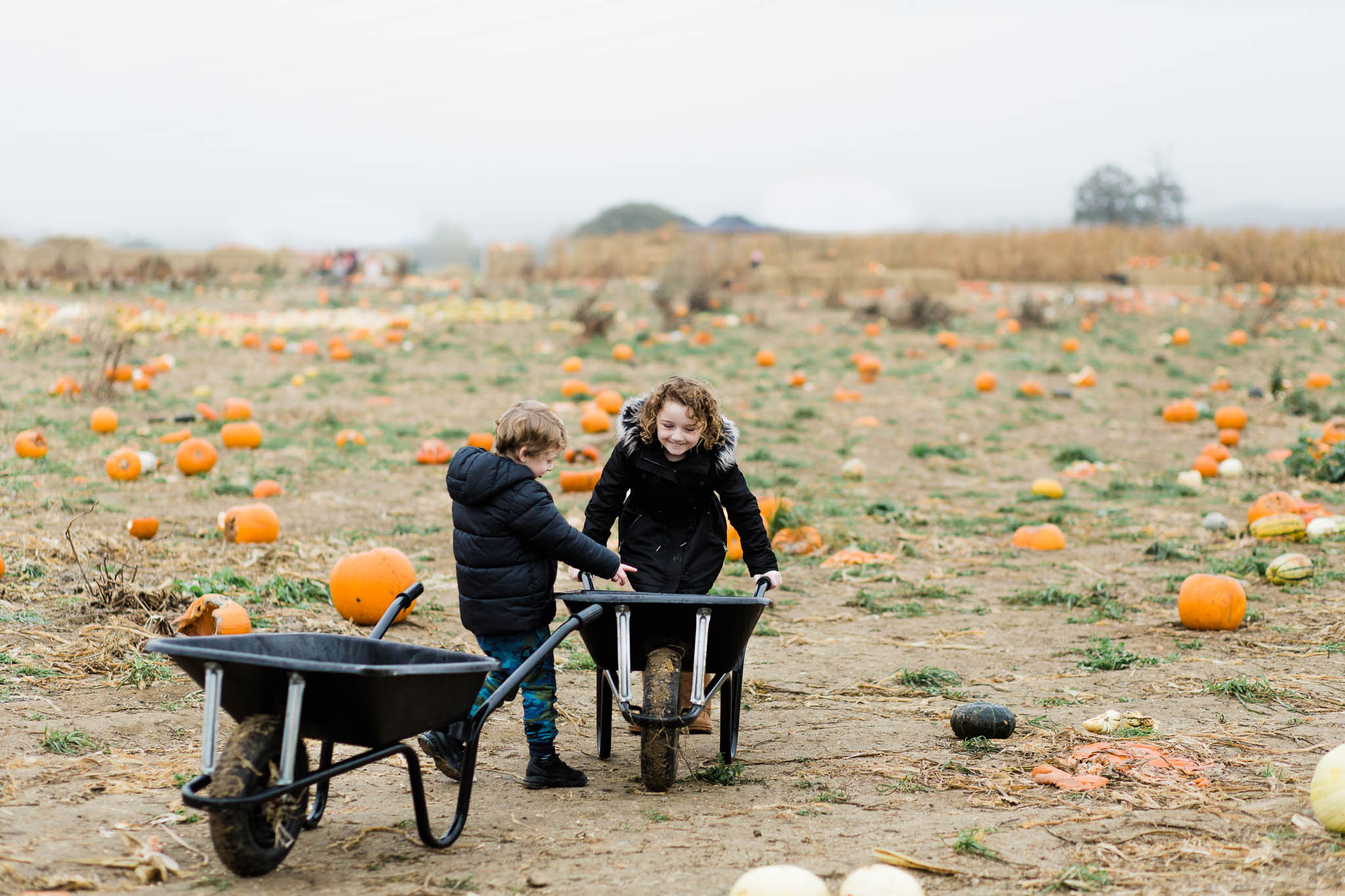brother and sister with wheelbarrow