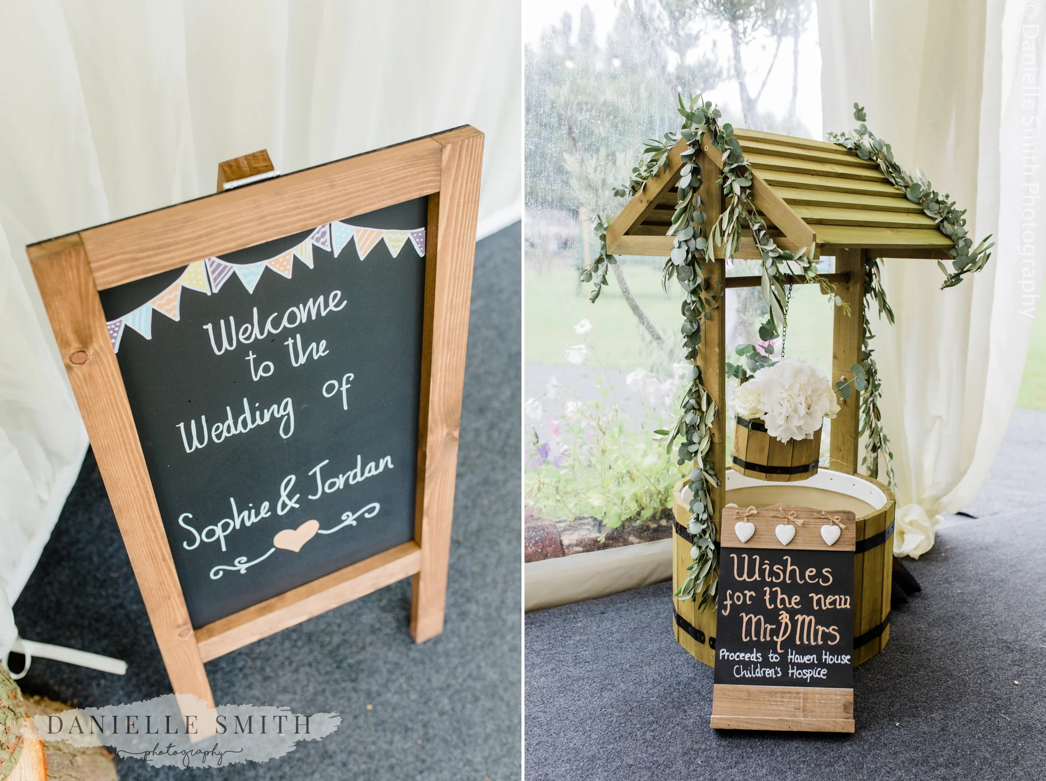 welcome sign and wishing well at wedding