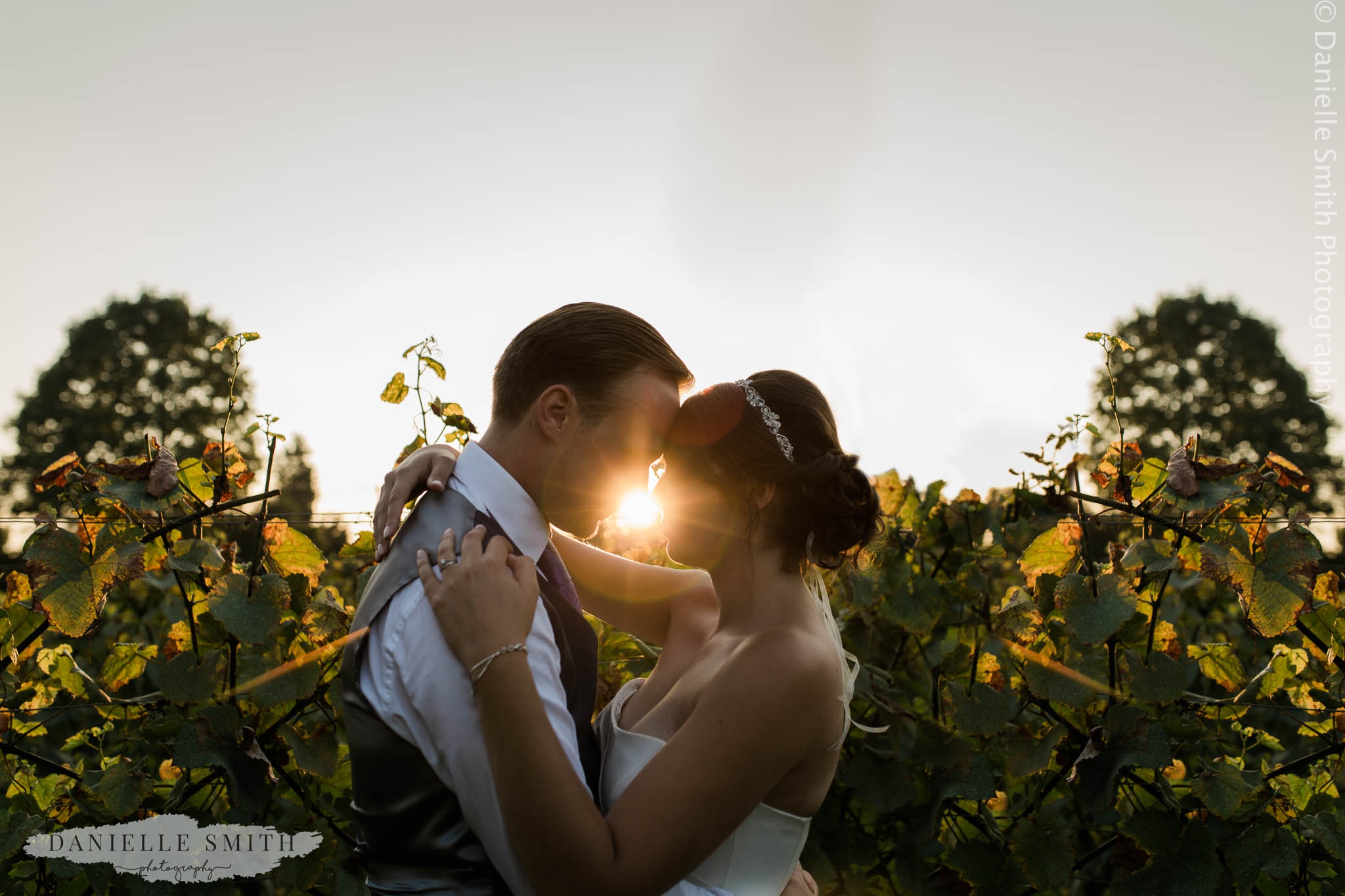 sunset with bride and groom at west street vineyard