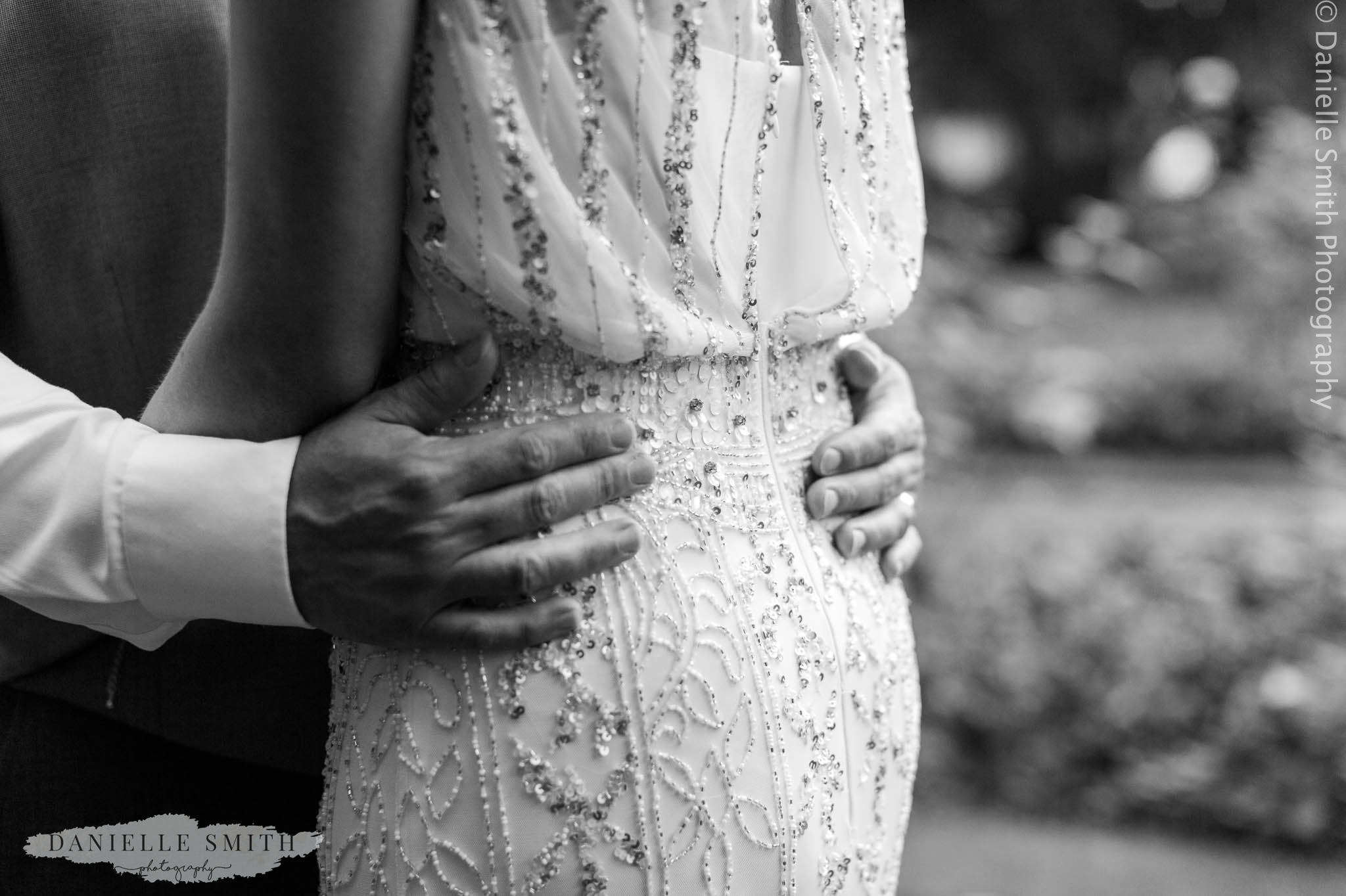 bead detail on 1920s style wedding dress