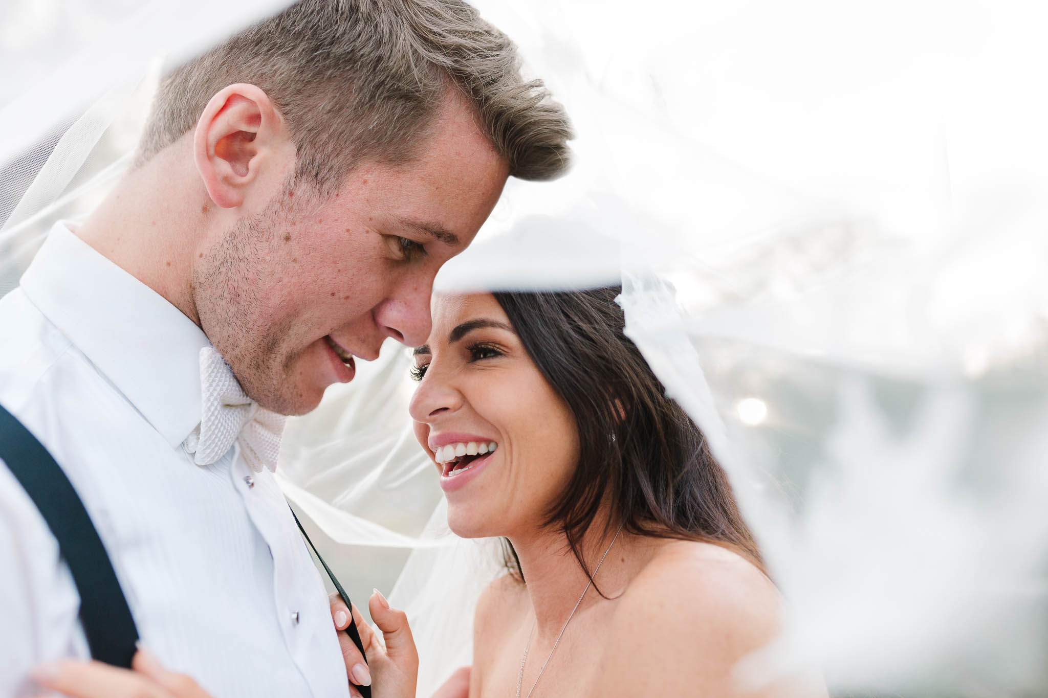 bride and groom under veil