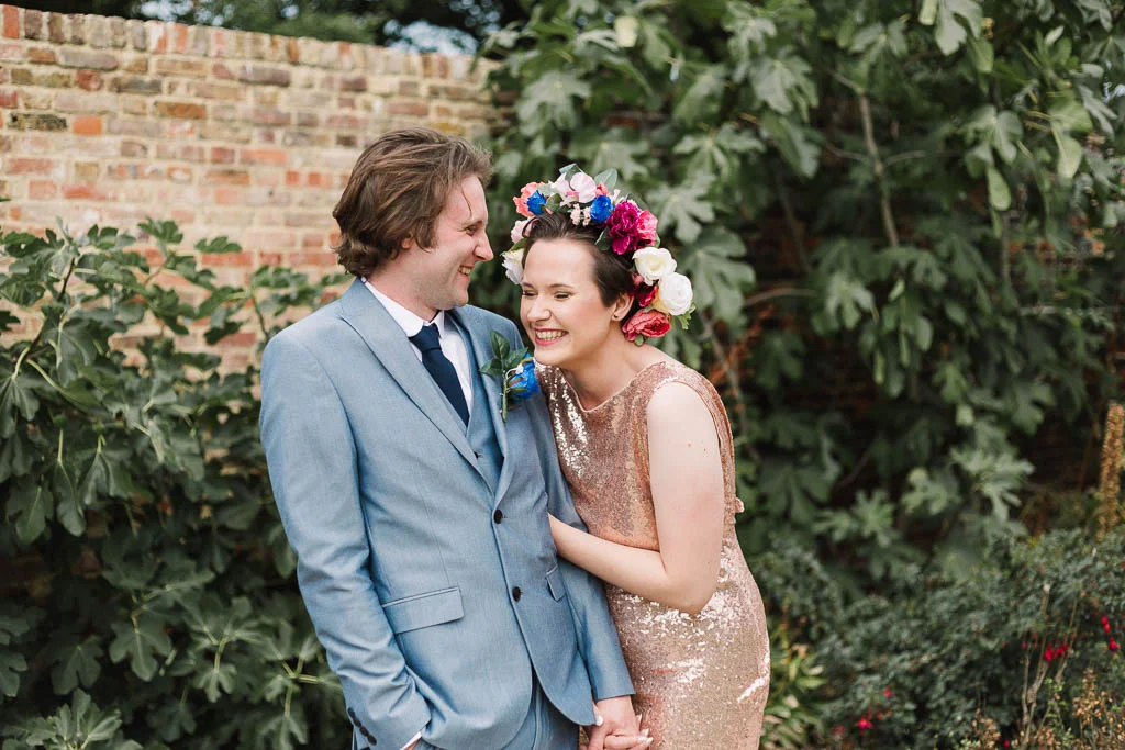 bride and groom at chilled garden wedding