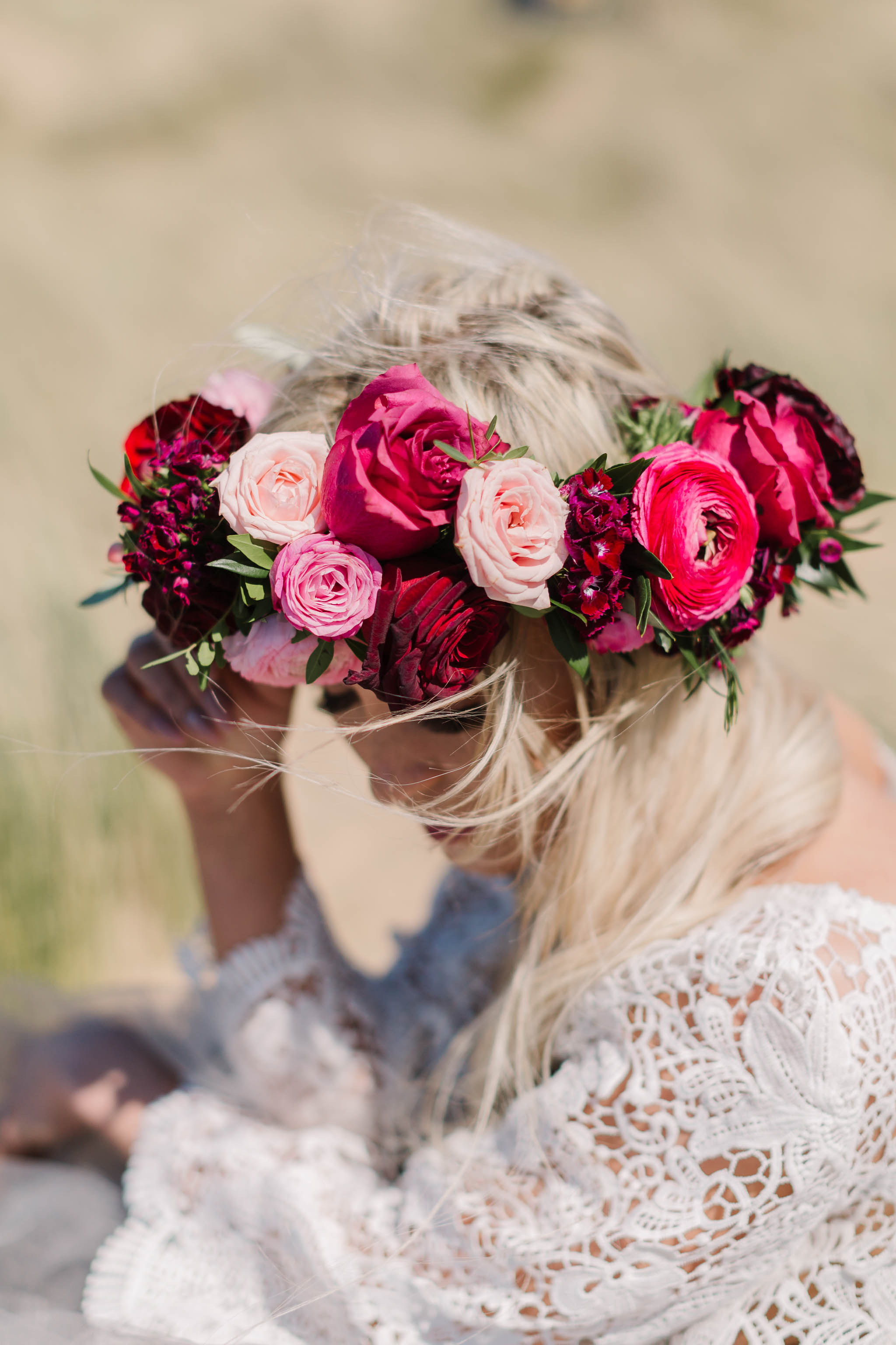 pink boho bride flower crown