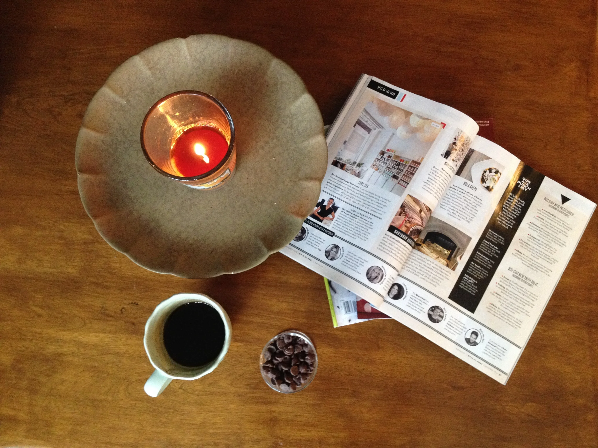 Candle + coffee + chocolate chips + mags = happy Sunday morning